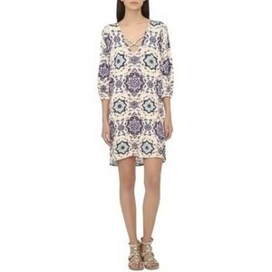 Love Ryan Tunic Short Dress White Blue V-Neck‎ Paisley Boho Flowy